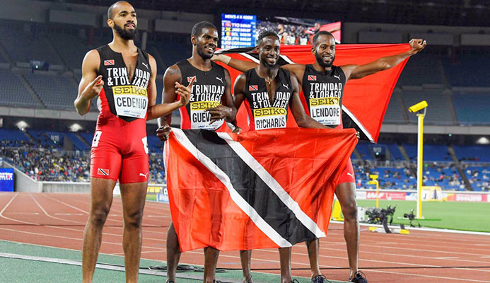 GOLDEN QUARTET: (left to right) TT’s Machel Cedenio, Asa Guevera, Jereem Richards and Deon Lendore celebrate after winning the 4x400 meters relay final at the IAAF World Relays on Sunday, in Yokohama, Japan. via AP GOLDEN QUARTET: (left to right) TT’s Machel Cedenio, Asa Guevera, Jereem Richards and Deon Lendore celebrate after winning the 4x400 meters relay final at the IAAF World Relays on Sunday, in Yokohama, Japan. via AP