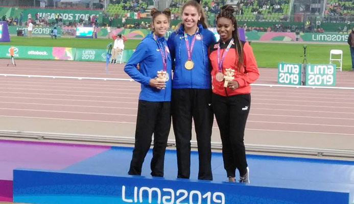 (Left to right) Sydney Barta and Beatriz Hatz and Nyoshia Cain-Claxton pose with their medals after the women's 200-metre final at the Parapan American Games in Lima, Peru on Sunday. Photo source, Facebook page of Nyoshia Cain-Claxton (Left to right) Sydney Barta and Beatriz Hatz and Nyoshia Cain-Claxton pose with their medals after the women's 200-metre final at the Parapan American Games in Lima, Peru on Sunday. Photo source, Facebook page of Nyoshia Cain-Claxton