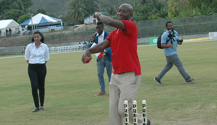 Prime Minister Dr Keith Rowley bowls the first ball during the opening of the Diego Martin Sporting Complex in Diego Martin, on Sunday. Prime Minister Dr Keith Rowley bowls the first ball during the opening of the Diego Martin Sporting Complex in Diego Martin, on Sunday.