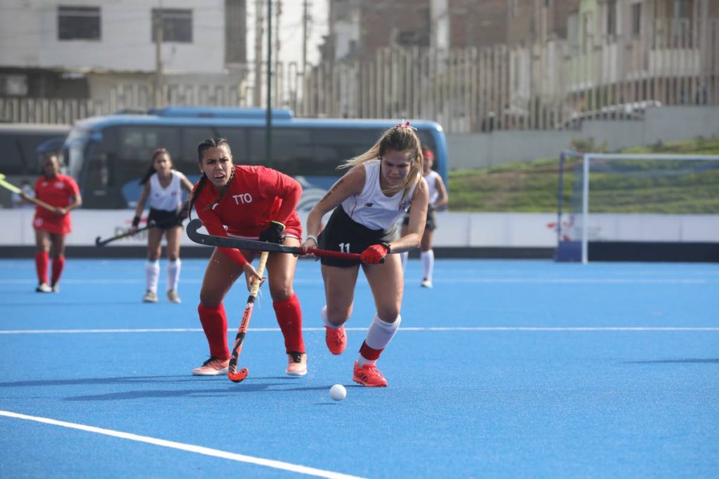 In this photo taken on Oct 2, Trinidad and Tobago’s Brianna Govia (second from right) and Peru’s captain Camila Mendez chase after the ball during their teams’ final of the Pan Am Challenge at Lima, Peru. - In this photo taken on Oct 2, Trinidad and Tobago’s Brianna Govia (second from right) and Peru’s captain Camila Mendez chase after the ball during their teams’ final of the Pan Am Challenge at Lima, Peru. -