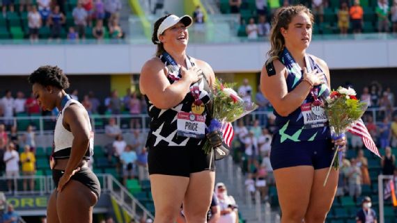 USA Track and Field said the anthem has been scheduled to play at around 5:20 p.m. every evening at trials. On Saturday, the music started at 5:25, while the hammer throwers, including third-place finisher Gwen Berry, left, were on the podium. AP Photo/Charlie Riedel USA Track and Field said the anthem has been scheduled to play at around 5:20 p.m. every evening at trials. On Saturday, the music started at 5:25, while the hammer throwers, including third-place finisher Gwen Berry, left, were on the podium. AP Photo/Charlie Riedel