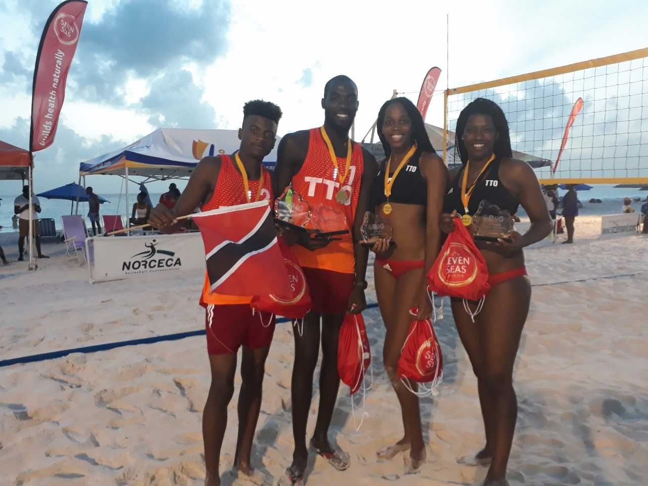 T&T's beach volleyballers Daneil Williams, from left, Daynte Stewart, Abby Blackman and Rheeza Grant. T&T's beach volleyballers Daneil Williams, from left, Daynte Stewart, Abby Blackman and Rheeza Grant.