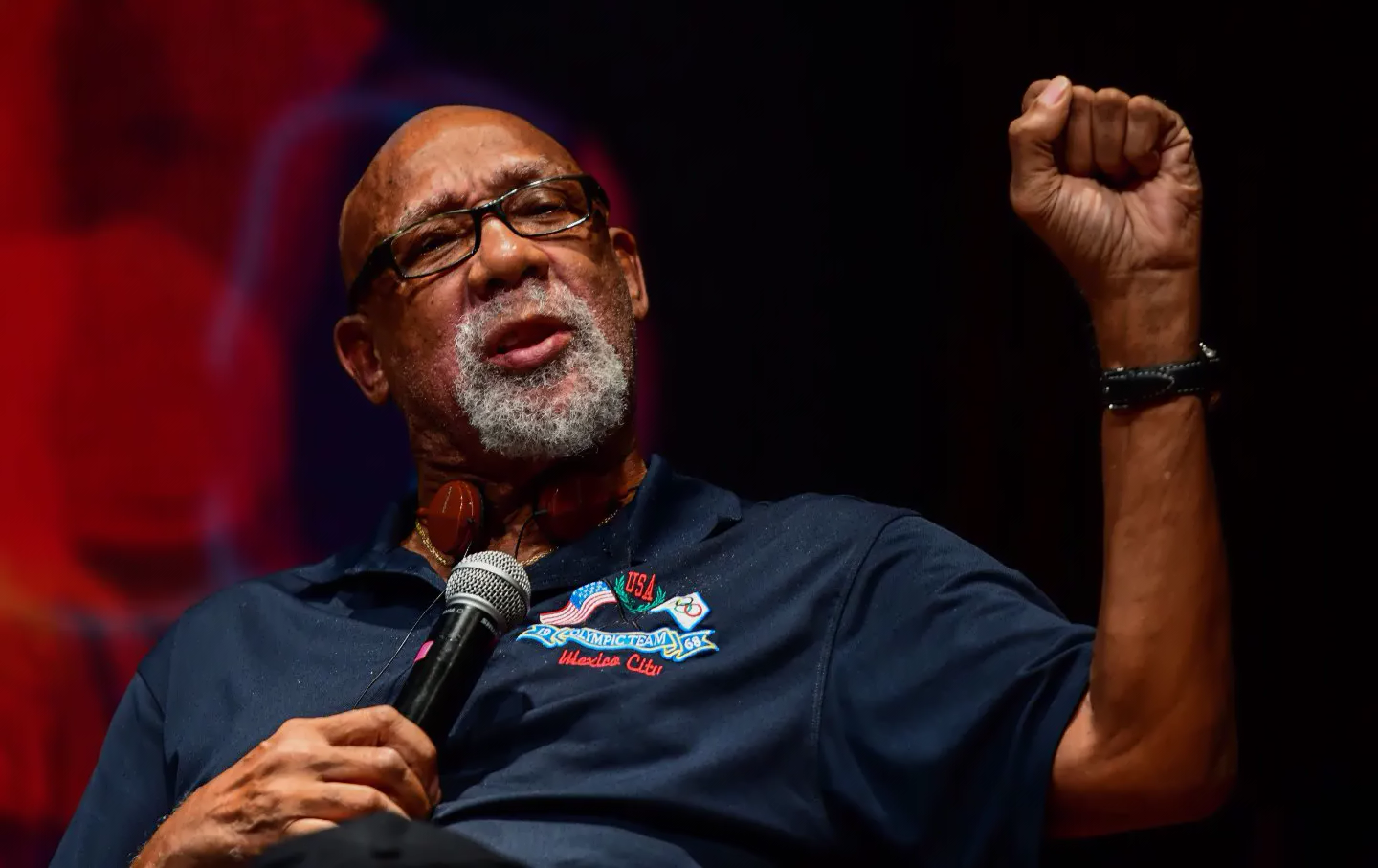 John Carlos at a conference at the National University in Mexico City, on September 24, 2018.(Ronaldo Schemidt / AFP / Getty) John Carlos at a conference at the National University in Mexico City, on September 24, 2018.(Ronaldo Schemidt / AFP / Getty)