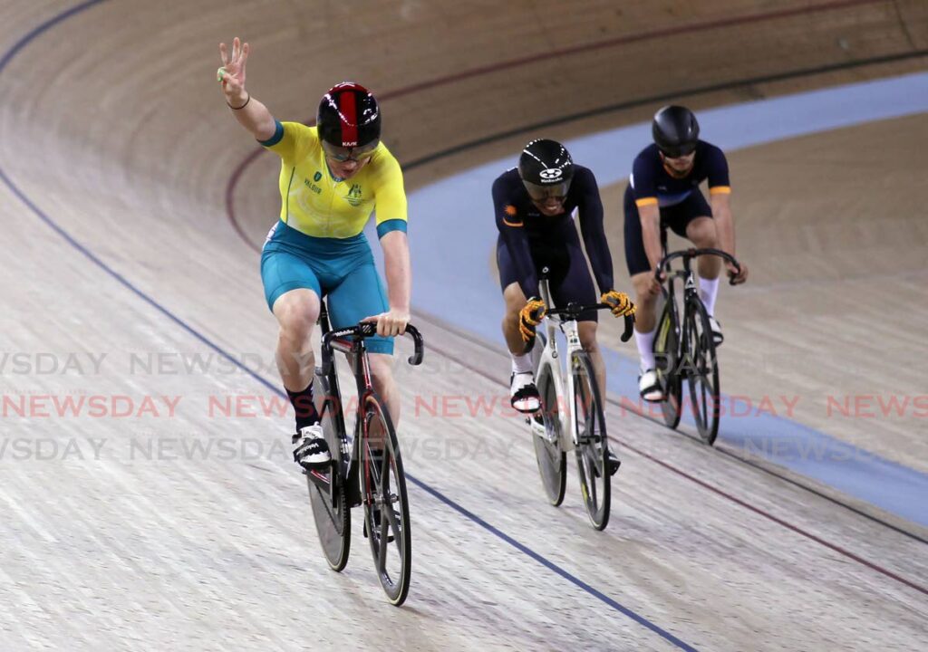 Australia’s Tate Ryan (L) celebrates after winning the men’s keirin at the 2023 Commonwealth Youth Games, on Thursday, at the National Cycling Centre, Balmain, Couva. - Lincoln Holder (Image obtained at newsday.co.tt) Australia’s Tate Ryan (L) celebrates after winning the men’s keirin at the 2023 Commonwealth Youth Games, on Thursday, at the National Cycling Centre, Balmain, Couva. - Lincoln Holder (Image obtained at newsday.co.tt)