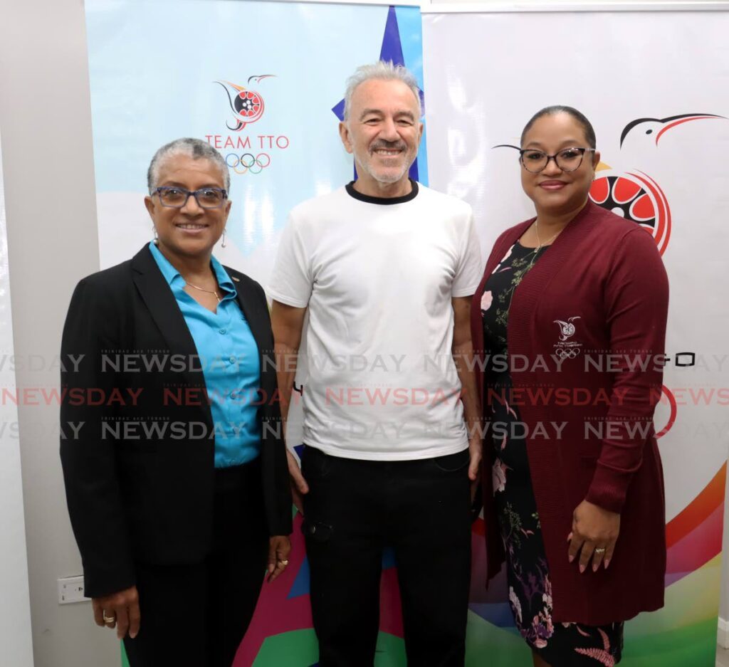 TTOC president Diane Henderson, left, Hideout Clothing consultant Jean Michel Gibert, middle, and TT chef de mission Lovie Santana-Duke at a TTOC media conference, marking 50 days to go to the start of the Paris 2024 Summer Olympic Games. The media conference was held at TT Olympic House, Woodford Street, Port of Spain on Thursday. - Photo by Faith Ayoung (Image obtained at newsday.co.tt) TTOC president Diane Henderson, left, Hideout Clothing consultant Jean Michel Gibert, middle, and TT chef de mission Lovie Santana-Duke at a TTOC media conference, marking 50 days to go to the start of the Paris 2024 Summer Olympic Games. The media conference was held at TT Olympic House, Woodford Street, Port of Spain on Thursday. - Photo by Faith Ayoung (Image obtained at newsday.co.tt)
