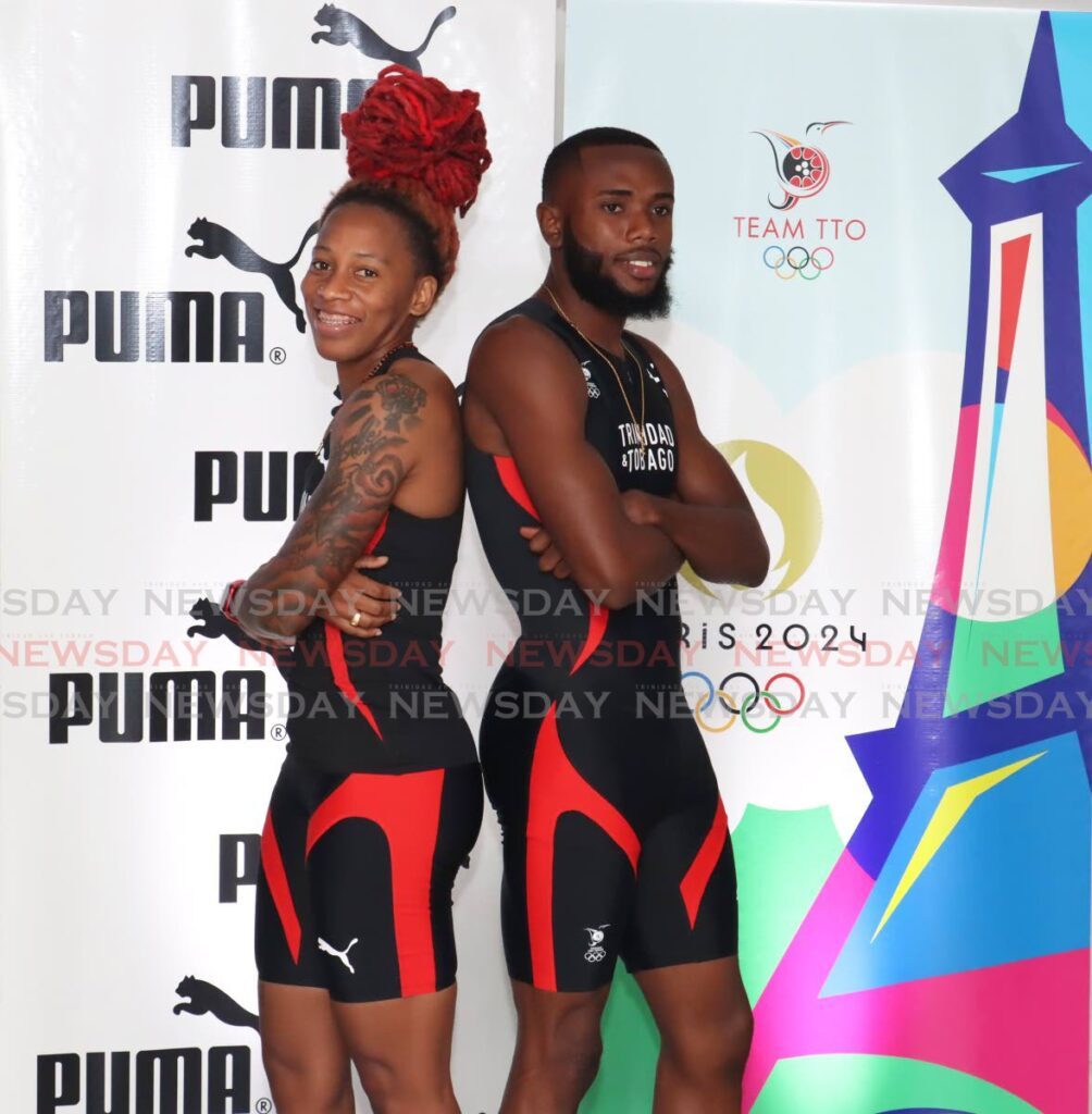 Michelle-Lee Ahye and Elijah Joseph model their competitive wear at the Official Paris 2024-TeamTTO Puma Gear Reveal at the Olympic House, Woodford Street, Port of Spain on July 12. - Faith Ayoung (Image obtained at newsday.co.tt) Michelle-Lee Ahye and Elijah Joseph model their competitive wear at the Official Paris 2024-TeamTTO Puma Gear Reveal at the Olympic House, Woodford Street, Port of Spain on July 12. - Faith Ayoung (Image obtained at newsday.co.tt)