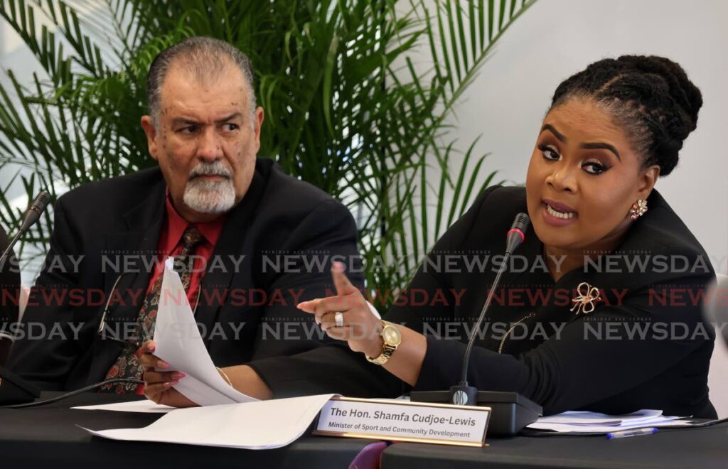 Minister of Sport and Community Development Shamfa Cudjoe-Lewis makes her remarks alongside Larry Romany, SporTT chairman at a press conference held at the VIP Lounge, Hasely Crawford Stadium, Mucurapo on August 13. - Photo by Roger Jacob (Image obtained at newsday.co.tt) Minister of Sport and Community Development Shamfa Cudjoe-Lewis makes her remarks alongside Larry Romany, SporTT chairman at a press conference held at the VIP Lounge, Hasely Crawford Stadium, Mucurapo on August 13. - Photo by Roger Jacob (Image obtained at newsday.co.tt)
