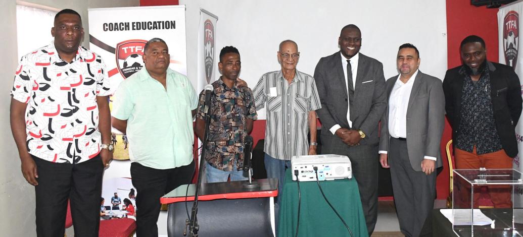 TRIUMPHANT TEAM: Newly-elected Trinidad and Tobago Football Association president Kieron Edwards, third from right, with some of the members of his Team Progressive slate. Second vice-president Osmond Downer, centre, is flanked by Edwards and third vice-president Jameson Rigues, third from left. —Photo: TREVOR WATSON (Image obtained at newsday.co.tt) TRIUMPHANT TEAM: Newly-elected Trinidad and Tobago Football Association president Kieron Edwards, third from right, with some of the members of his Team Progressive slate. Second vice-president Osmond Downer, centre, is flanked by Edwards and third vice-president Jameson Rigues, third from left. —Photo: TREVOR WATSON (Image obtained at newsday.co.tt)