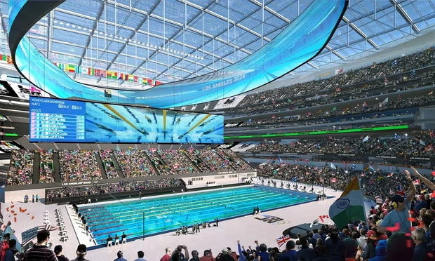 Swimming at the LA 2028 Games will be held at SoFi Stadium in Inglewood, where 38,000 seats will make it the largest swimming venue in Olympic history. Photograph: LA28 (Image obtained at theguardian.com)