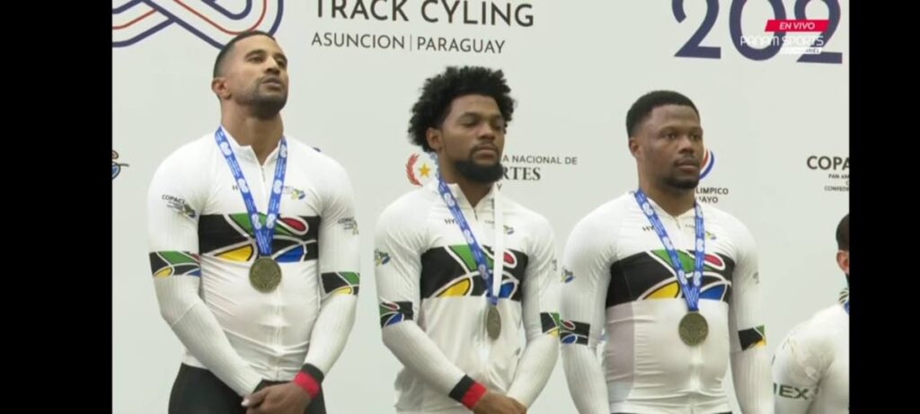 L-R: TT's Njisane Phillip, Ryan D'Abreau and Nichola Paul atop the Elite Pan Am Track Cycling Champs rostrum after winning team sprint gold on April 2, 2025. - via PAN AM Sports (Image obtained at newsday.co.tt)