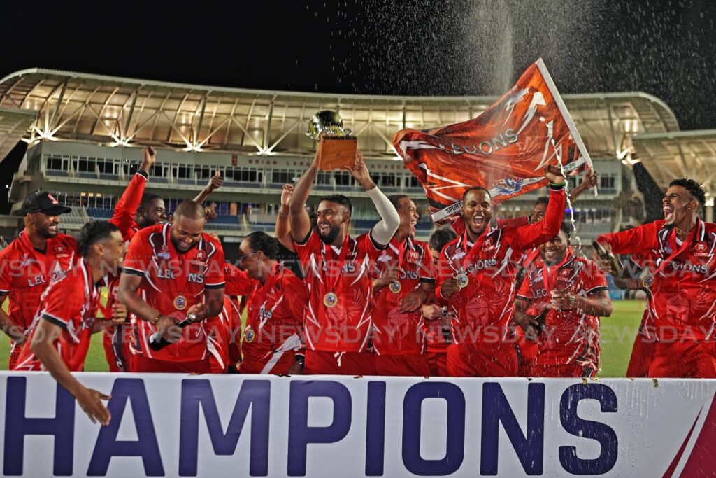 Trinidad and Tobago Legions celebrate winning the West Indies T20 Breakout League at the Brian Lara Cricket Academy, Tarouba, May 10. - Photo by Lincoln Holder (Image obtained at newsday.co.tt)