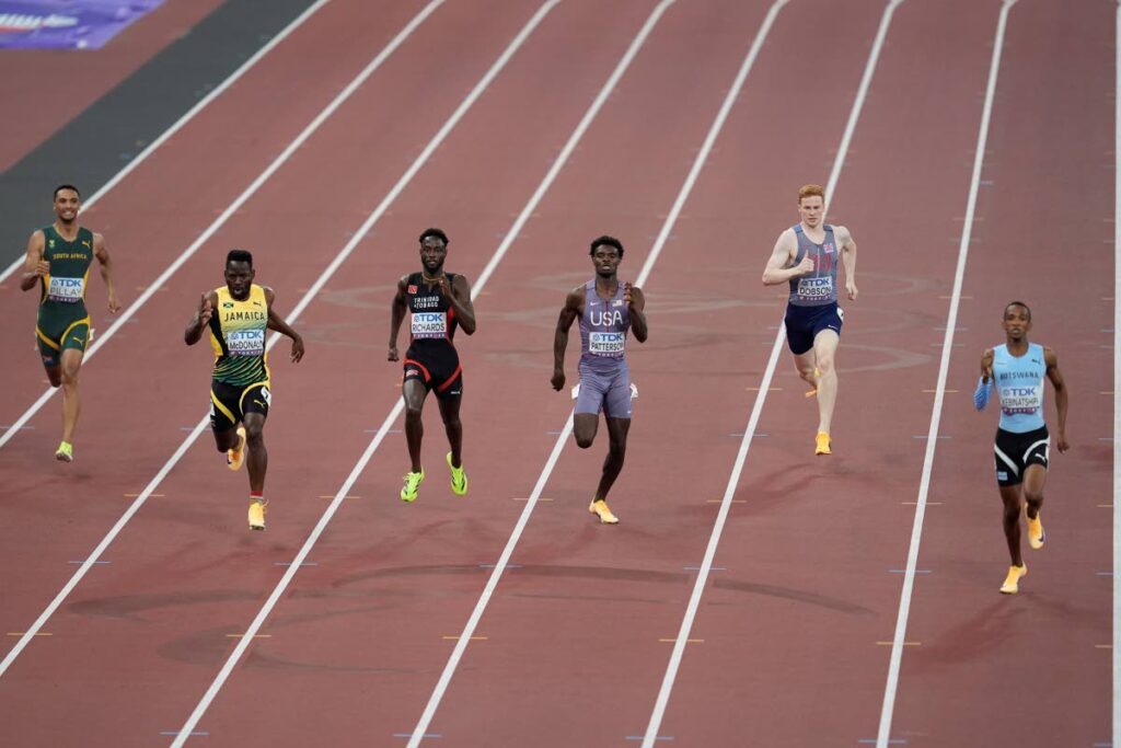 TT runner Jereem Richards, third from left, competes during the men's 400m semifinals at the World Championships in Tokyo, Japan, on September 16. - AP (Image obtained at newsday.co.tt)
