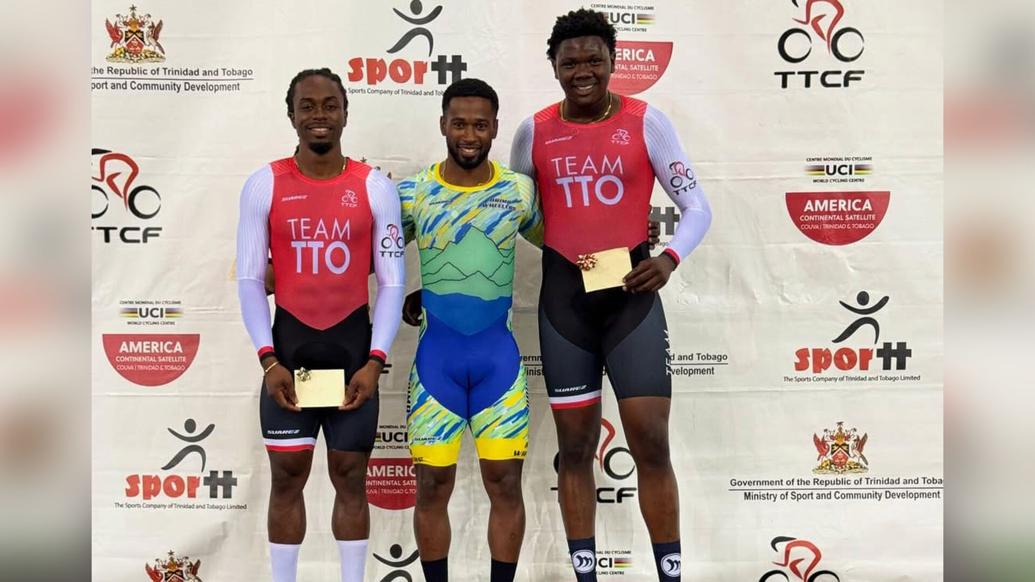 FASTEST MEN: Men’s sprint champion Kwesi Browne is flanked by silver medallist Zion Pulido, left, and bronze medallist Darnell James. (Image obtained at trinidadexpress.com)