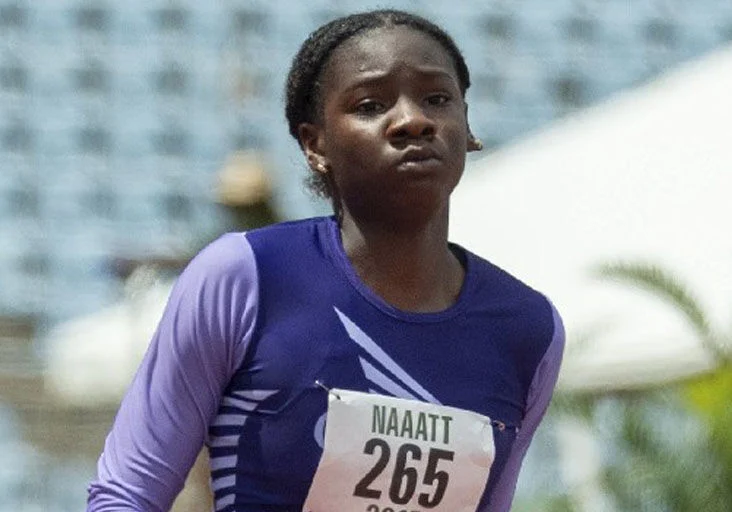 GOLDEN GIRL: Janae De Gannes, en route to  victory in her girls’ U-20 100 metres qualifying round heat on the opening day of the NAAATT/NGC/Republic Bank National Junior Track and Field Championships at the Hasely Crawford Stadium, in Port of Spain, on Saturday. De Gannes won the 100m championship race in 11.59 seconds. She returned to the Crawford Stadium yesterday for the girls’ U-20 long jump, the Concorde athlete winning the event with a 6.22 metres leap.  @Caption:—Photo: DENNIS ALLEN for @TTGameplan (Image obtained at trinidadexpress.com)
