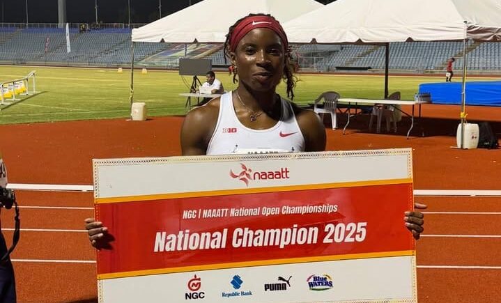 Sprinter Leah Bertrand strikes a pose after winning women's 100-metre gold at the NGC/NAAATT Open Championships at the Hasely Crawford Stadium in Mucurapo on August 2. Photo courtesy NAAATT (Image obtained at newsday.co.tt)