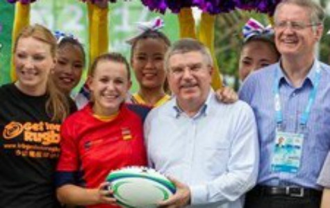 IOC President Thomas Bach, IRB Chairman Bernard Lapasset and two-time Olympic champion Heather Moyse at the Youth Olympic Games in Nanjing. Photo: IOC
