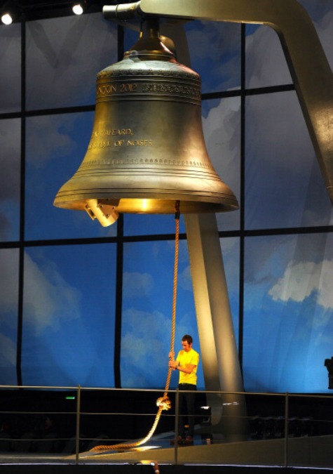 Tour de France victor Bradley Wiggins rung a huge bicycle bell