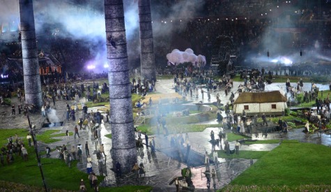 Giant smokestacks harked back to the Industrial Revolution