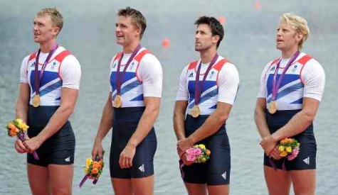 Left to right: Alex Gregory, Pete Reed, Tom James and Andrew Triggs Hodge with their gold medals during the medal ceremony