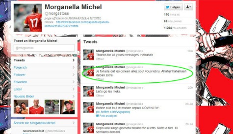 The offending comment on Michel Morganella's Twitter page. He has since deleted his account